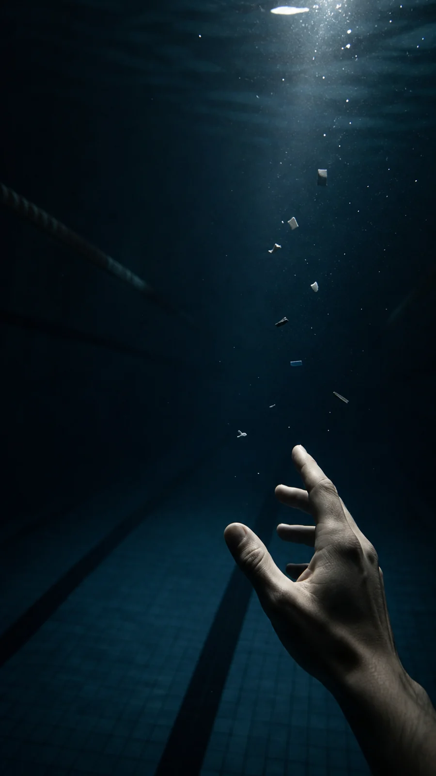 Eine Hand sucht unter Wasser zwischen Licht und schwebenden Materialfragmenten nach einem Weg.